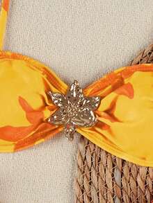 Nuevo Llegada Primavera/Verano Moda Mujer Elegante Casual Sexy Playa Vacaciones Cita Fiesta Conjunto Bikini Estampado Floral Tirantes Finos y Mini Falda - Amarillo - Ver 4
