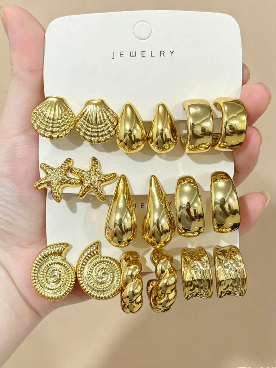 Bộ 6/18 khuyên tai hình sao biển lớn, vỏ sò, giọt nước trơn, xoắn, hình chữ C trơn, thích hợp cho du lịch và nghỉ mát mùa hè. - Vàng - Xem 1