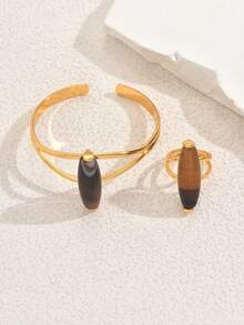 1 Set Vintage Ring & Bracelet Jewelry Set, Suitable For Women's Daily Wear And Parties (Agate Color Random) - Set - View 4