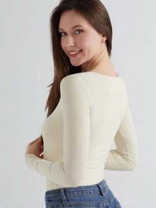 Women's Ribbed U-Neck Long Sleeve Bodysuit - Sculpting Stretch One-Piece Top For Casual, Lounge & Streetwear - trắng - Xem 5