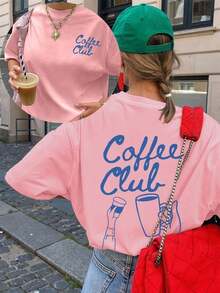Casual Loose-Fitting Short-Sleeved Summer Blouse With A Coffee Club Print, Soft Fabric Graphic Tee For Outdoor Wear, Printed Summer T-Shirt For Women, Summer Blouse, Vacation Outfit, Travel Style, Beach Vibe, Minimalist Resort Wear In Pink Cotton Women's T-Shirts - 風格七 - 查看 4