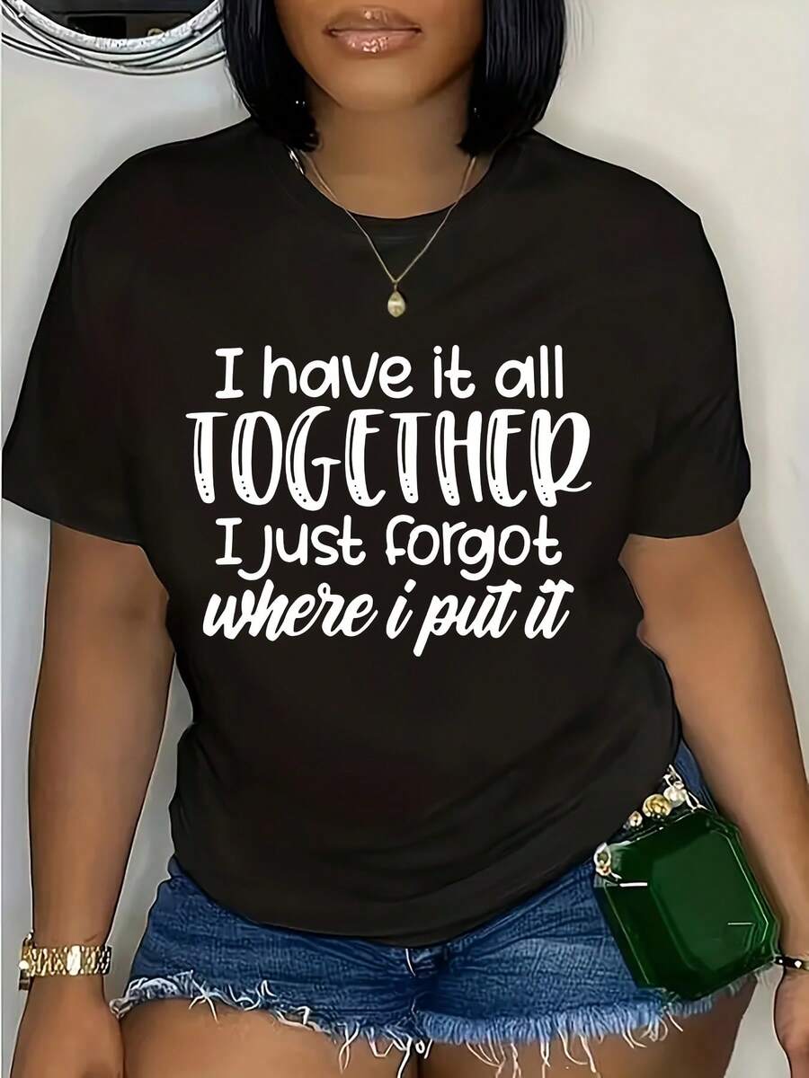Casual And Quirky Style, T-Shirt With The Print "Life Is All Planned, I Just Forgot Where To Put It", Black Round Neck T-Shirt, Fitted Cut And Versatile For Summer. - 黑色 - 查看 1