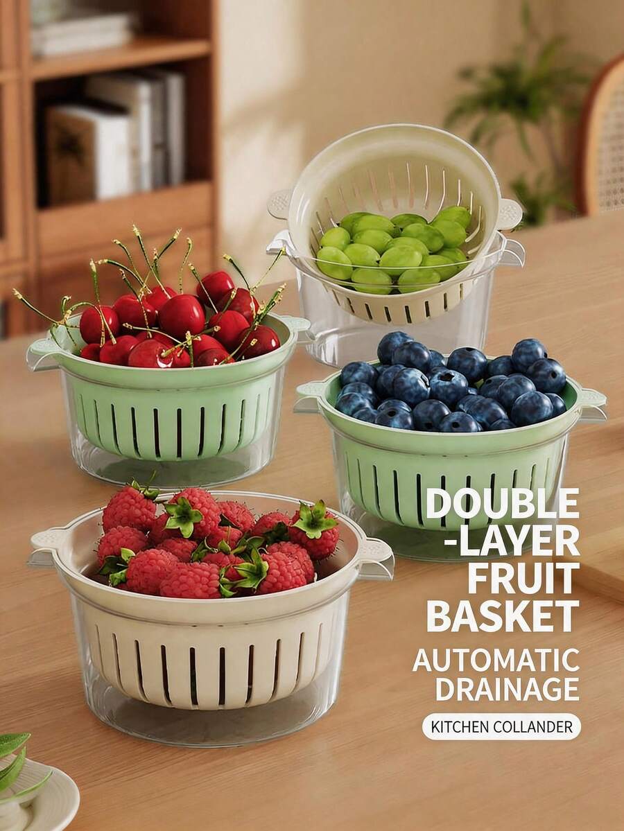1Pc Mini Double-Layer Fruit Drain Basket, Multifunctional Kitchen Vegetable Washing Colander Basin, Space Saving Design Perfect For Singles Dormitory Apartment Use - Multicolor - View 1