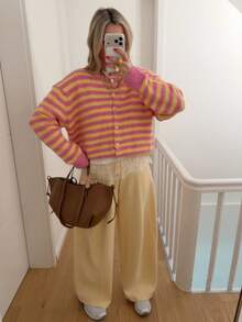 Women's Pink And Yellow Striped Knit Cardigan, Button Front, Long Sleeve, Medium Stretch - Pink - View 5