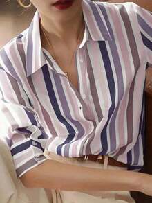 New Loose-Fitting Long-Sleeved Blouse For Women, Plain Color Button-Down Shirt For Spring - 淡紫色 - 查看 2