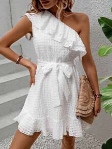 Holidaya One Shoulder Ruffle Trim Belted Dress Vacation Beach Outfits Women - White - View 6