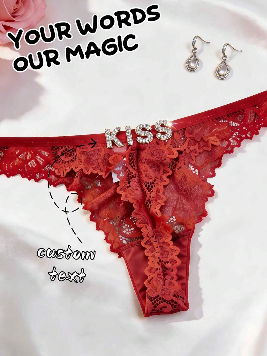 Tanga con encaje con forma de corazón y letra de cristal con nombre personalizado, lencería única para luna de miel, regalo de aniversario y boda para la novia - Multicolor - Ver 1