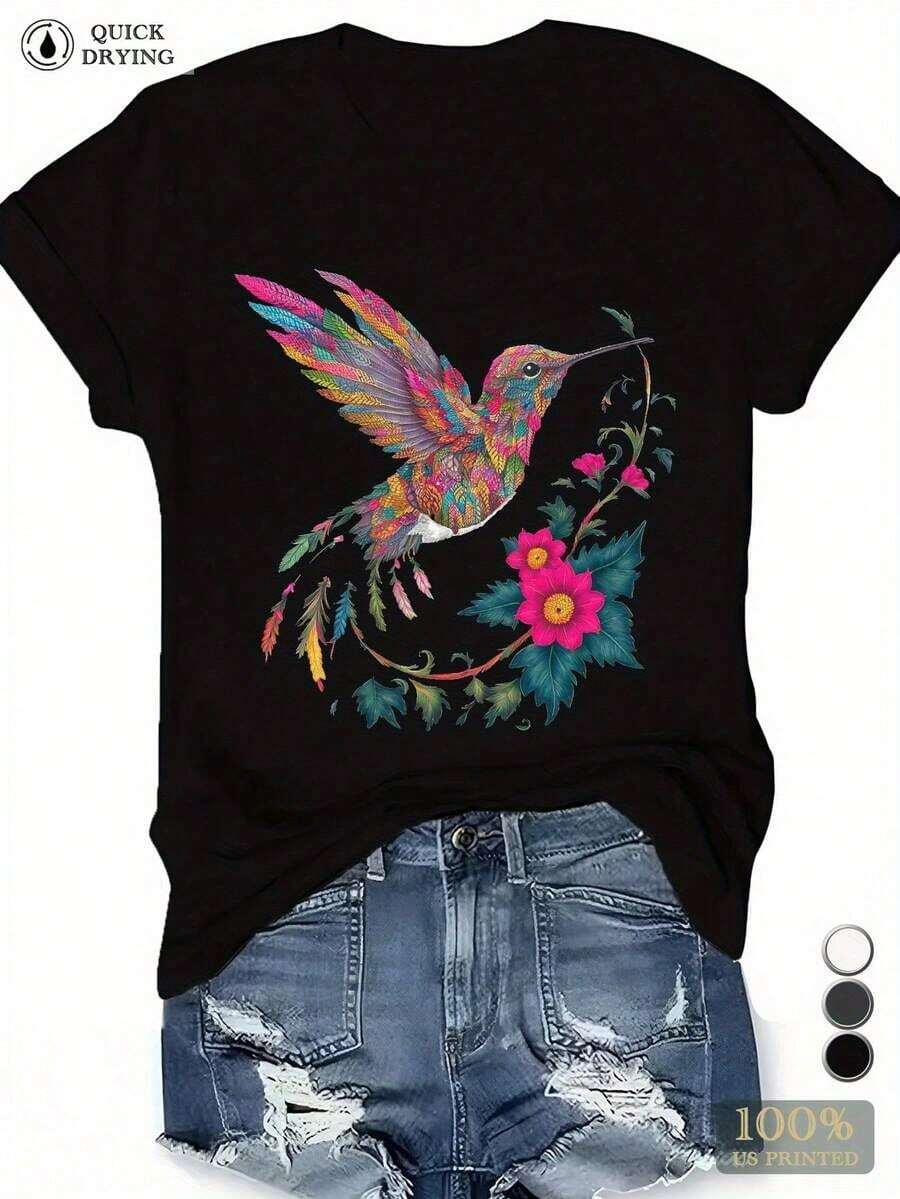 Camiseta Nueva de Verano 2026 para Mujer - Algodón 180g Cuello Redondo Negro con Estampado Artístico de Colibrí y Flores - Suave, Transpirable y Casual - Negro - Ver 1