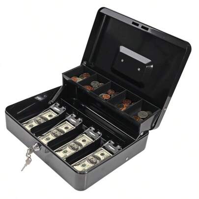 1 个大型重型金属现金盒，带锁和钱盘 - 安全钥匙锁，配有 2 把钥匙，可拆卸硬币和纸币隔层，坚固的提手，适用于家庭、办公室和零售场所。黑色现金盒，用于存放纸币、硬币和贵重物品。- 专为收银机、小型企业和零售环境设计，配有可拆卸硬币盘、安全机制和不锈钢提手 - 办公室/商店