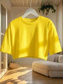 2 piezas Camiseta de manga corta y cuello redondo holgada y corta para mujer, adecuada para uso en primavera/verano, estilo casual/minimalista/elegante/sexy/streetwear/Y2K, apta para oficina/hogar/calle y diversas ocasiones - Amarillo - Ver 10