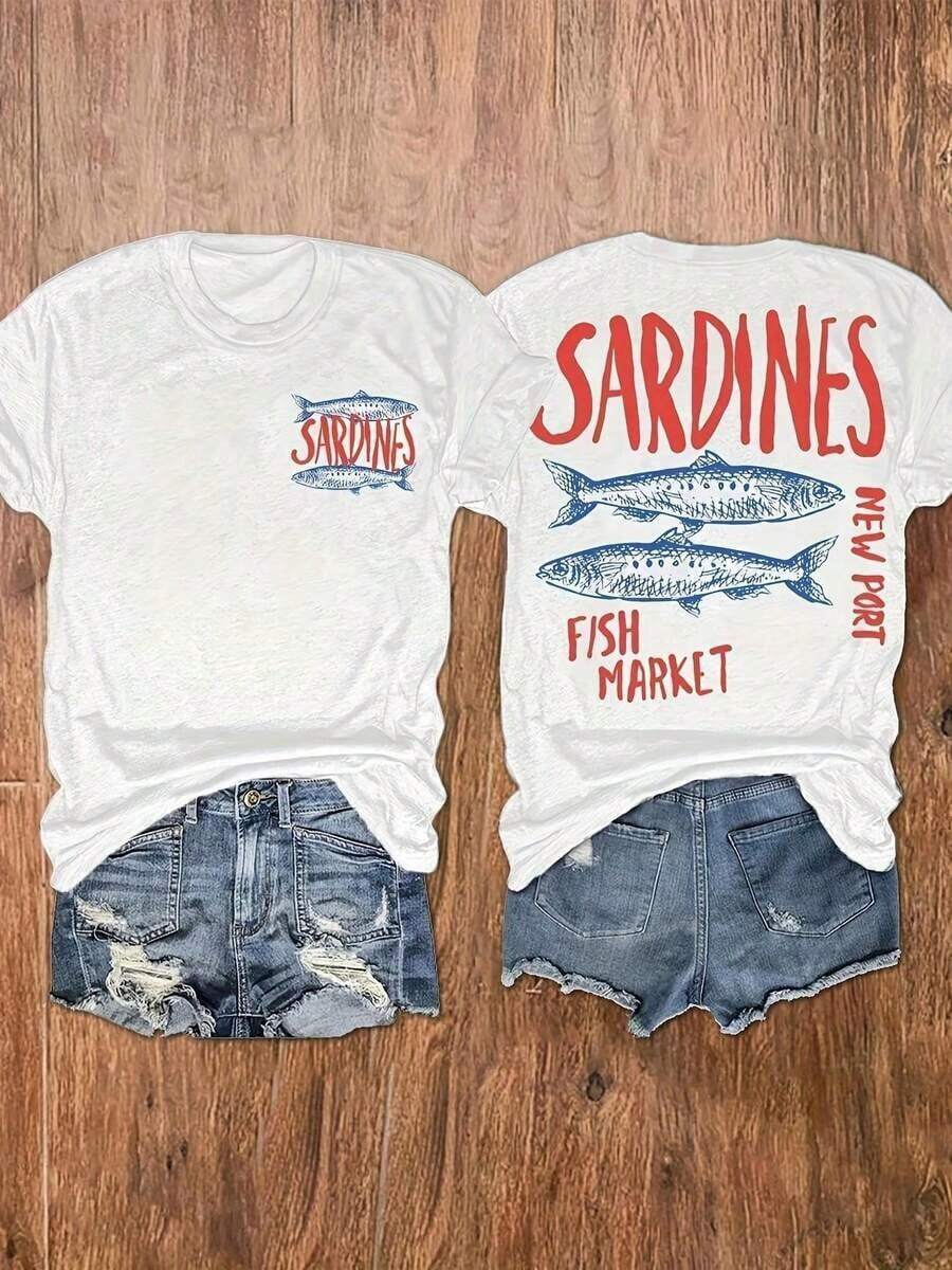 Women's 100% Cotton T-Shirts 2026180G Pure Cotton 100% T-Shirt Sardines, Fish, Text. Women's Summer Shirt With Round Neck, Loose Fit, Soft And Breathable Fabric, Hen Party - White - View 1