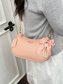 Bolso de hombro en forma de media luna 2025, nuevo diseño de moda clásico y versátil con decoración de patrón de letras, unicolor, material PU impermeable, bolso de mano y bandolera, adecuad - Camel - Ver 5