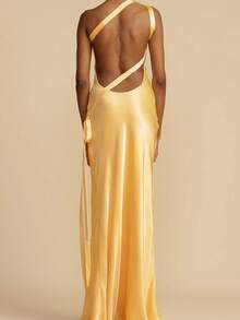 Vestido largo con bordado floral espalda descubierta y lazos cruzados elegante - Amarillo - Ver 5