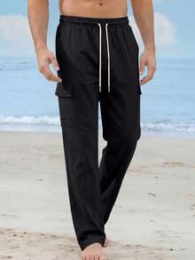 Pantalones cargo casuales de lino de estilo americano con ajuste holgado para hombres, pantalones anchos y transpirables con múltiples bolsillos, adecuados para todas las estaciones - Negro - Ver 2