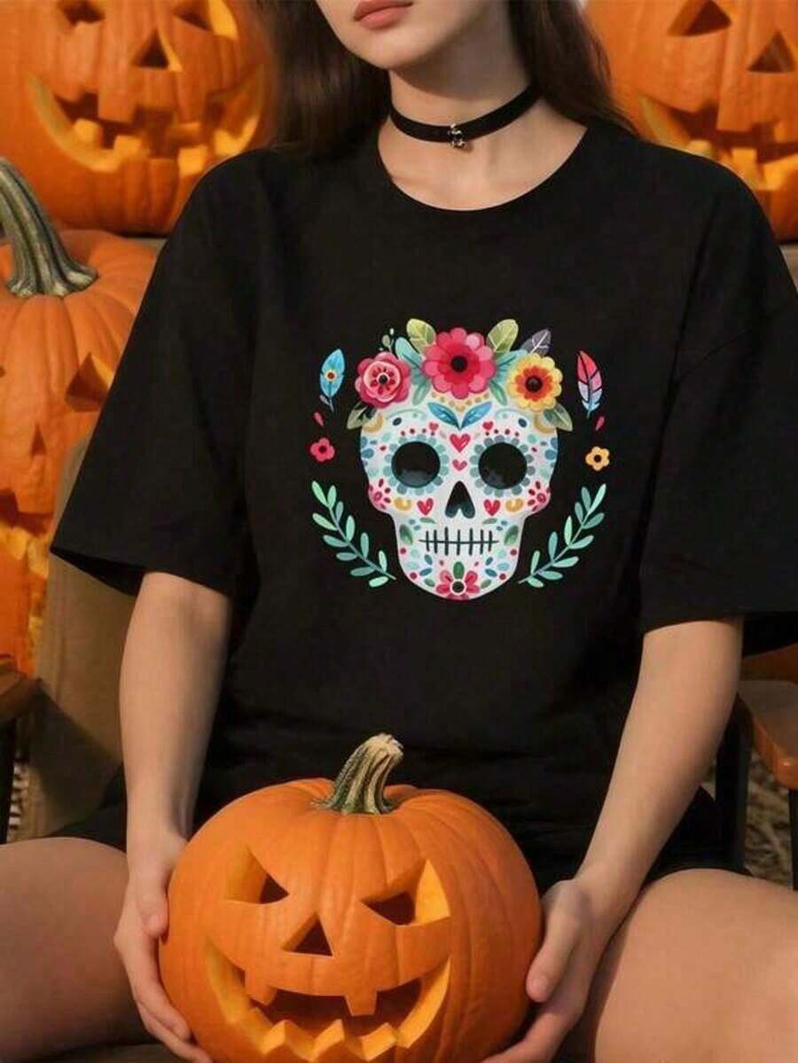 Women's T-shirt Camiseta Gráfica de Calaveras Mexicanas del Día de los Muertos, Camisetas Cortas para Mujer, Ropa de Verano, Camisetas de Verano para Mujer, Camiseta de Algodón Puro de Alta Calidad de con Estampado Minimalista, Tela Suave y Transpirable, Cómoda y Holgada, Adecuada para Usar Todo el Día, Adecuada para Ropa Casual de Oficina, Apariencia Diaria de Primavera y Verano, Diseño Elegante y Juvenil, Ropa de Hombre Gothic style - Negro - Ver 1