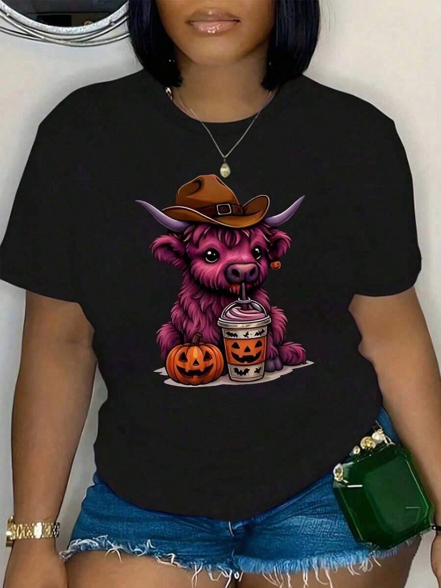 Camiseta Blanca de Mujer con Diseño de Toro Morado con Sombrero de Vaquero y Calabaza con Téma de Café, Temática de Halloween, Ropa Casual para la Temporada de Otoño. - Negro - Ver 1