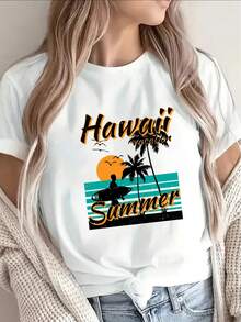 Camiseta suave 100% algodón para mujer, estilo hawaiano de manga corta - Camiseta de playa con estampado vibrante de palmeras al atardecer, cuello redondo, estilo casual para vacaciones con diseño hawaiano, lavable a máquina, adecuada para ropa de vacaciones, atuendos de resort y estilo hawaiano diario. Camiseta de algodón transpirable, combina con todo. - Blanco - Ver 1