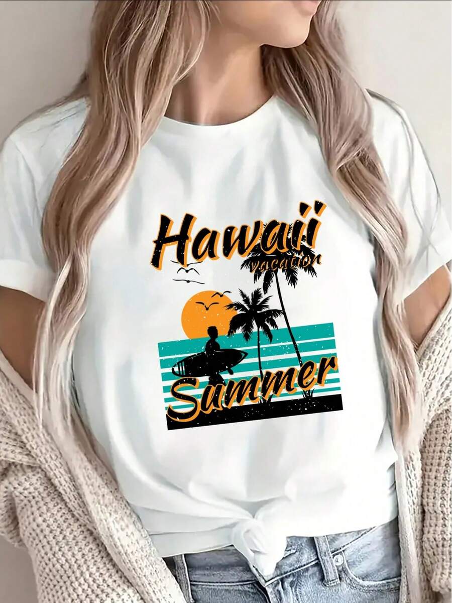 Camiseta suave 100% algodón para mujer, estilo hawaiano de manga corta - Camiseta de playa con estampado vibrante de palmeras al atardecer, cuello redondo, estilo casual para vacaciones con diseño hawaiano, lavable a máquina, adecuada para ropa de vacaciones, atuendos de resort y estilo hawaiano diario. Camiseta de algodón transpirable, combina con todo. - Blanco - Ver 1