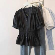 200 libras de talla grande cintura elástica Oficina señora  camisa y blusa de manga corta Top sólido ropa de mujer con cuello en V francés Chic - Negro - Ver 6