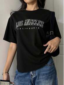 short sleevesmujer Camiseta de camiseta enviada de México de alta calidad transpirable ropa de moda Camisa negra con el estampado "LOS ANGELES CALIFORNIA", cómoda y estilo atemporal para cualquier ocasiónLeisure - Negro - Ver 6