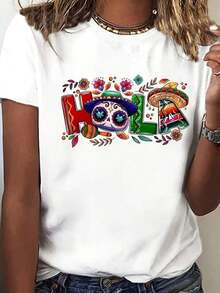 Camiseta de manga corta para mujer, estilo urbano moderno y elegante, cuello redondo, casual, con estampado de Día de Muertos, ropa de moda Blusas Bonito 100% Cotton - [Blanco] - Ver 3