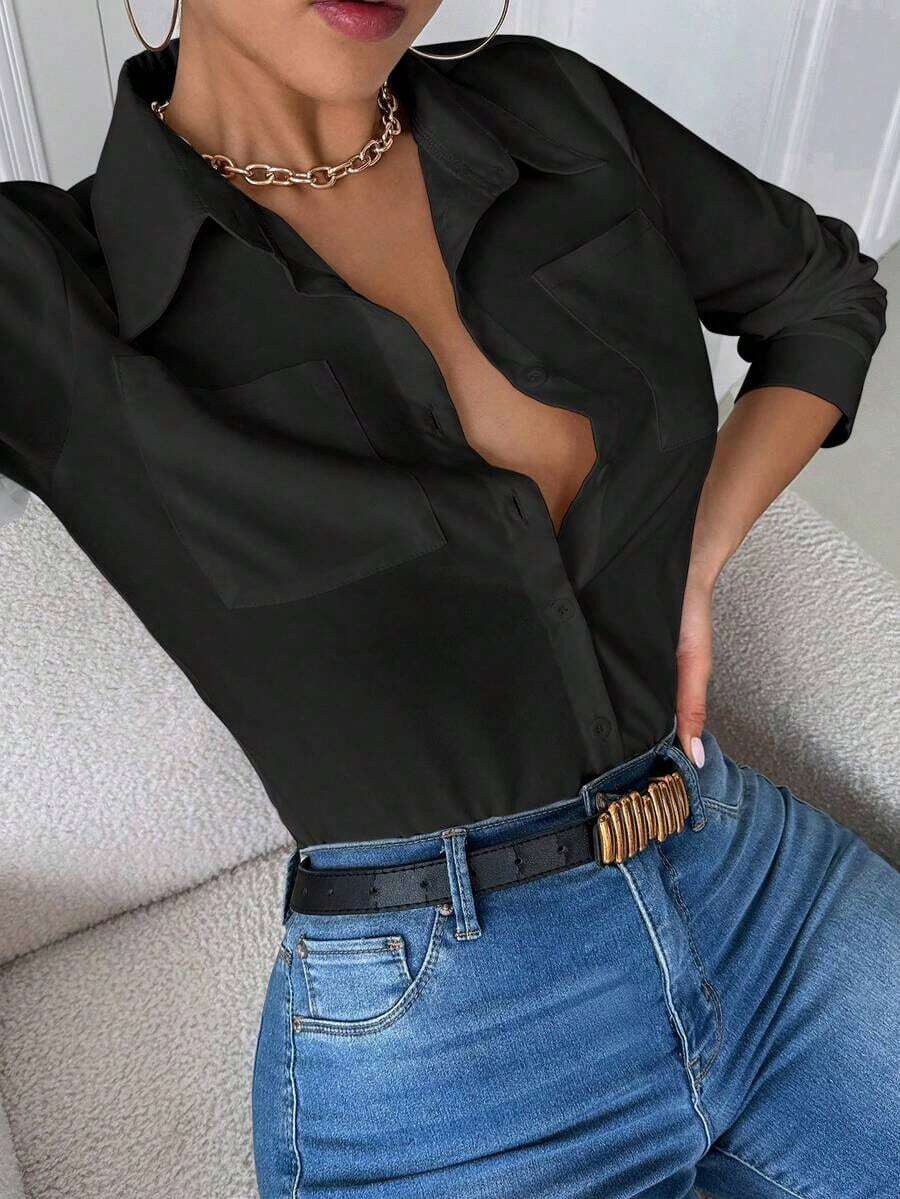 Blusa blanca casual con cuello y bolsillo, de manga larga ajustada para mujeres - Negro 3 - Ver 1