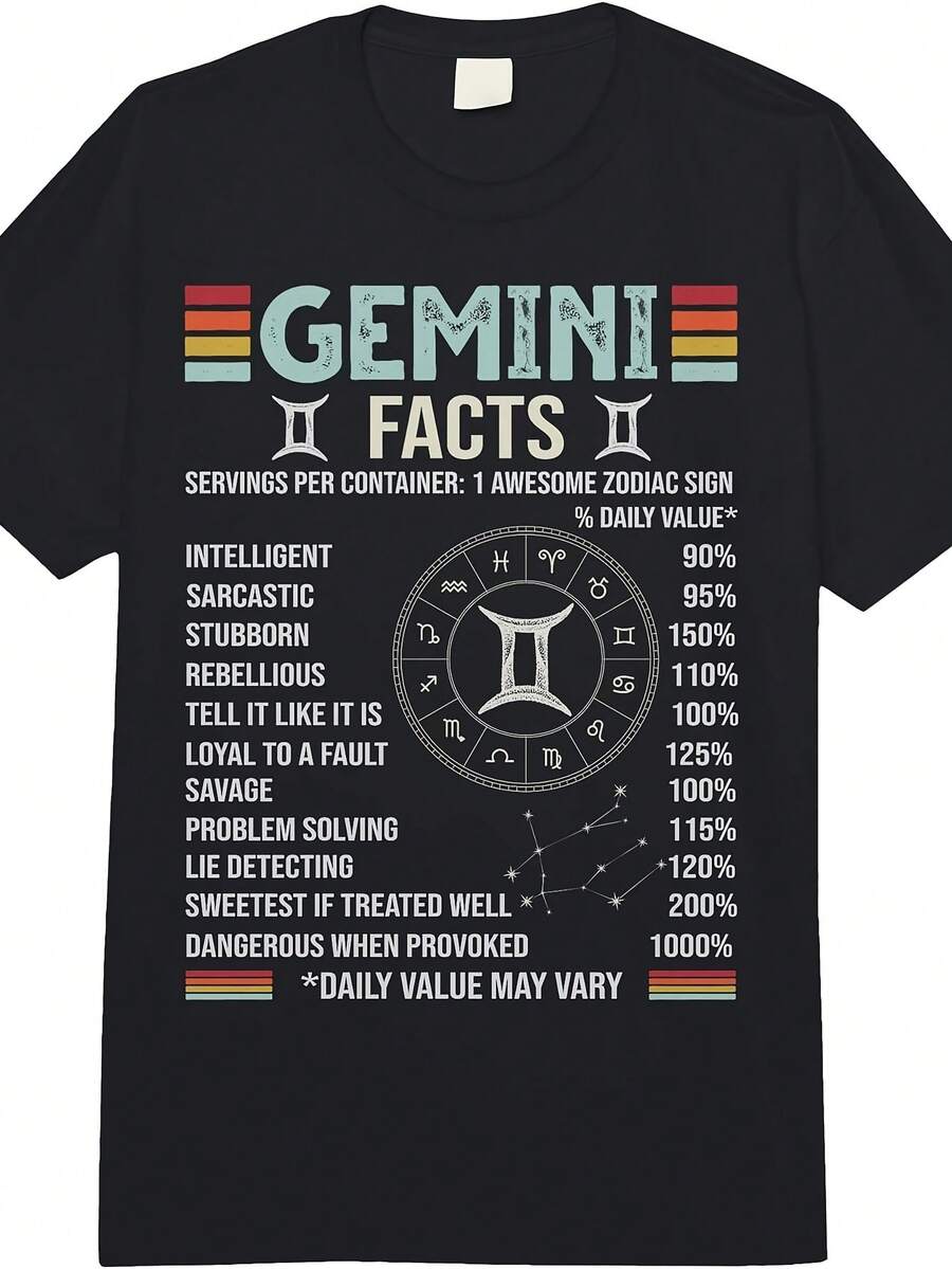 Vintage Women's T-Shirt With Gemini Zodiac Sign, For May And June Birthdays, Short Sleeve Crew Neck T-Shirt, 180 G/M², Casual Style, Black, With Gemini Symbols For Women, T-Shirts With Funny Sayings For Men - 黑色 - 查看 1