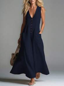 Vestido nuevo de primavera-verano para mujer, estilo casual, unicolor, escote V profundo, bolsillos de parche, diseño favorecedor, perfecto para looks de día, paseos y ocasiones informales - Azul lavado medio - Ver 3