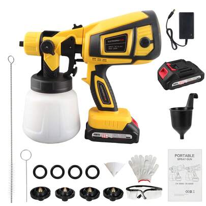 Pistola pulverizadora de pintura inalámbrica HVLP de 200 W con depósito de 900 ml y 4 boquillas de cobre. 3 efectos de pulverización para muebles de interior y exterior, vallas, paredes y techos. Incluye 2 baterías.