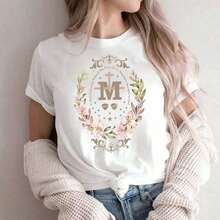 Camiseta de mujerCamiseta de Mujer |     Estampado Religioso de la Virgen María con Lirios para Damas, Camiseta Casual de Manga Corta con Cuello Redondo |     Ropa Diaria, Camiseta Casual de Manga Corta para Primavera y Verano |     Lavable a Máquina, Ideal como Regalo para Creyentes, Familiares y AmigasCómoda y ligera - Blanco - Ver 1