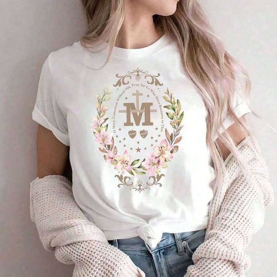 Camiseta de mujerCamiseta de Mujer | Estampado Religioso de la Virgen María con Lirios para Damas, Camiseta Casual de Manga Corta con Cuello Redondo | Ropa Diaria, Camiseta Casual de Manga Corta para Primavera y Verano | Lavable a Máquina, Ideal como Regalo para Creyentes, Familiares y AmigasCómoda y ligera - Blanco - Ver 1