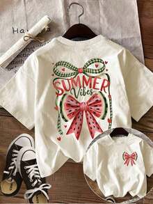 Gift Pattern Printed Double-Sided [Double-Sided Print] Women's Casual Summer Top With Vintage Watermelon Print And Bow SUMMER Vibes, Short-Sleeved Crew Neck T-Shirt - Unisex Loose-Fitting Cotton T-Shirt In An Urban Vintage Style With A Crew Neck And Short Sleeves. Soft - 杏 - 查看 1