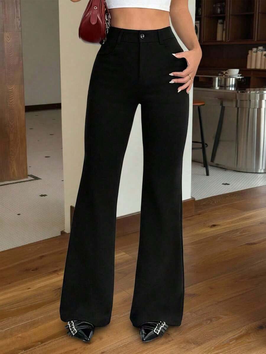 Pantalones negros acampanados casuales de ajuste ceñido con botones delanteros de unicolor para mujer - Negro 2 - Ver 1