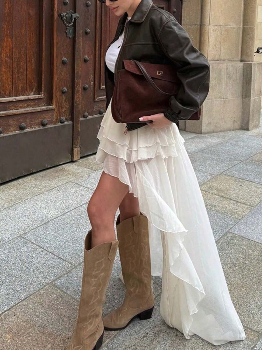 Falda midi corte A 2026, cintura elástica, dobladillo irregular, estilo casual y versátil - Albaricoque - Ver 1