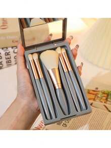 Portable 5-In-1 Makeup Brush Set With Mirror - Multicolor - View 8