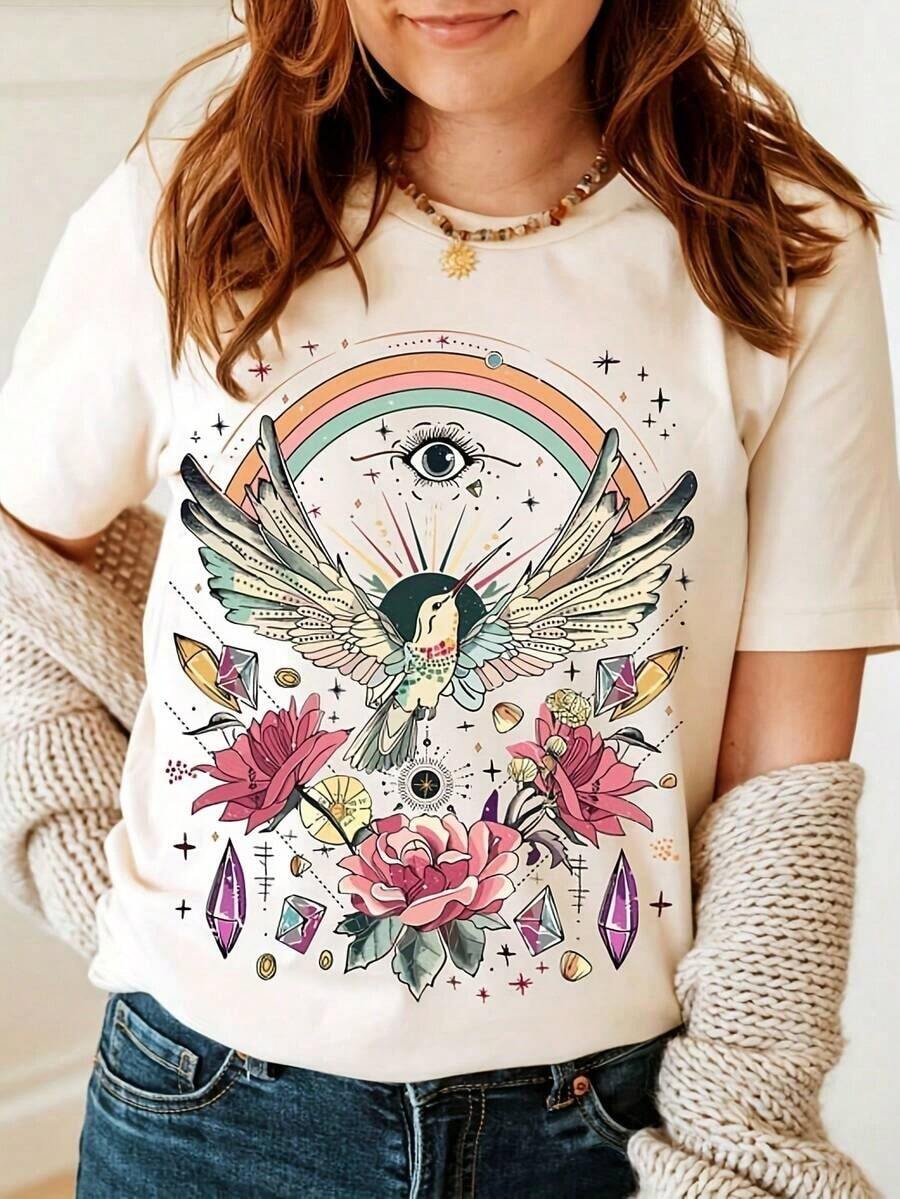 Camiseta con Estampado de Colibrí y Flores Silvestres, Camiseta Floral, Natural, para Aventuras al Aire Libre, Botánica, Camiseta Oversize, Vintage, Estilo Cottage - Blanco 1 - Ver 1