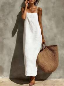 Women's Linen Blend Slip Maxi Dress, Square Neck Sleeveless Casual Dress For Beach & Vacation - 紅色 - 查看 7