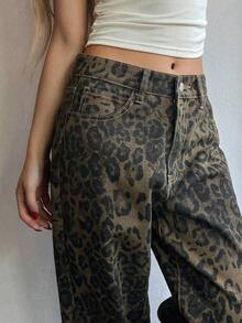 Pantalones vaqueros versátiles y casuales de mujer con bolsillos y estampado de leopardo, estilo Y2K - Marrón 2 - Ver 6