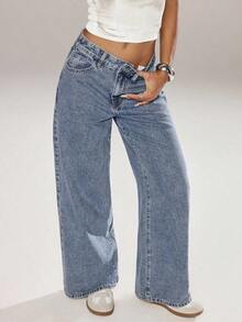 Unity Jeans de mezclilla lisos y casuales para mujer - Azul lavado medio 2 - Ver 5
