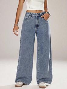 Unity Jeans de mezclilla lisos y casuales para mujer - Azul lavado medio 2 - Ver 7