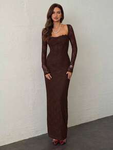Vestido negro ajustado hasta el suelo con cuello corsé ahuecado y mangas largas con encaje en forma de S sexy para mujer para fiestas, citas y banquetes de otoño/invierno nuevo - Marrón Chocolate - Ver 1