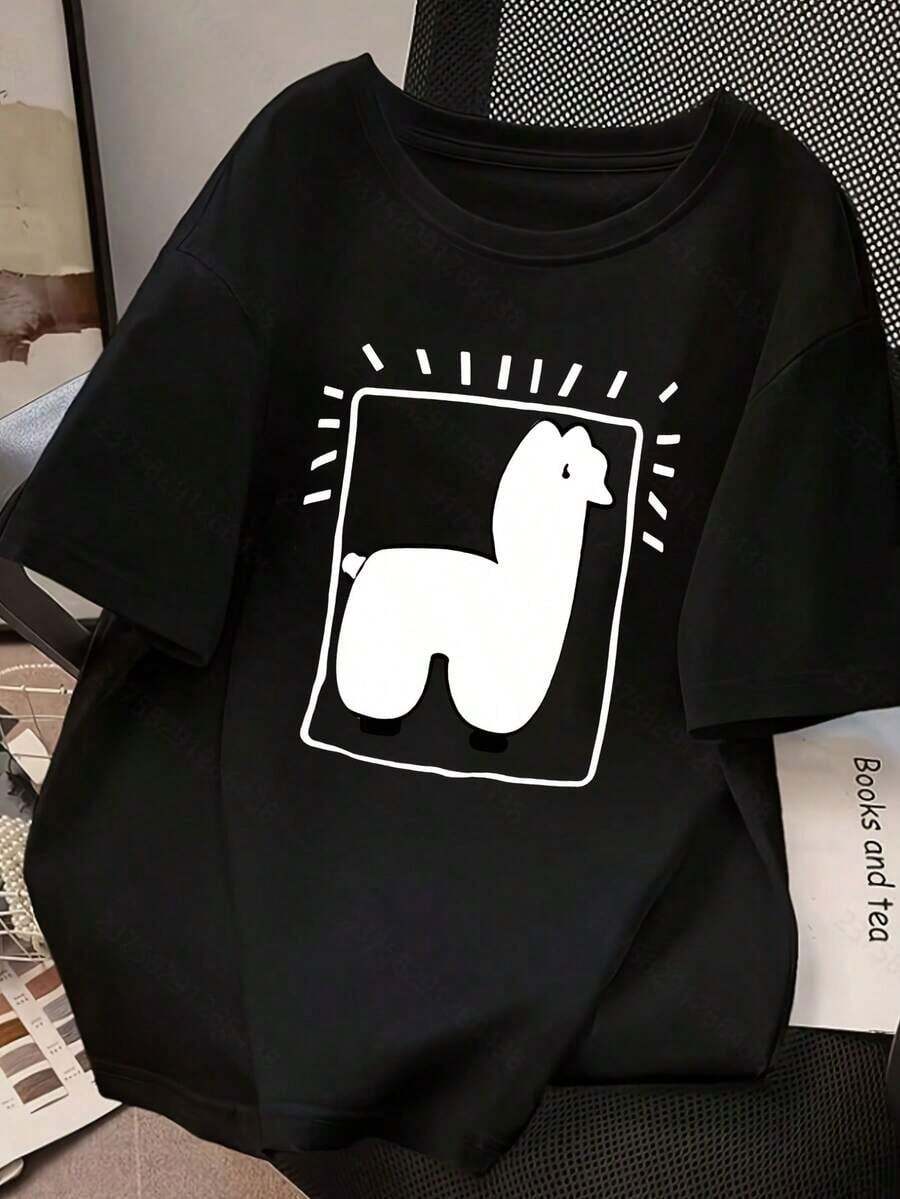 Camiseta de manga corta 100% pura para mujer en veraniega, holgada y versátil100% cotton - Negro - Ver 1