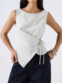 Camiseta de mujer de unicolor con dobladillo asimétrico, cintura con lazo y cuello redondo - Blanco - Ver 3