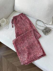 Pantalones anchos de pierna negros con diseño de estampado de leopardo retro elegante, pantalones rectos con cintura elástica con cordón, uso casual, vuelta al colegio - Rosa Fucsia - Ver 1
