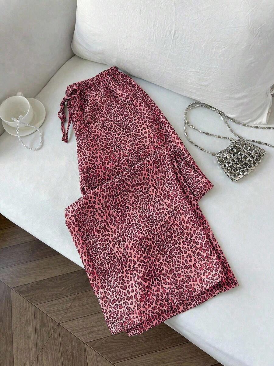 Pantalones anchos de pierna negros con diseño de estampado de leopardo retro elegante, pantalones rectos con cintura elástica con cordón, uso casual, vuelta al colegio - Rosa Fucsia - Ver 1