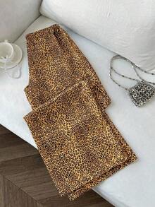 Pantalones anchos de pierna negros con diseño de estampado de leopardo retro elegante, pantalones rectos con cintura elástica con cordón, uso casual, vuelta al colegio - Naranja - Ver 2