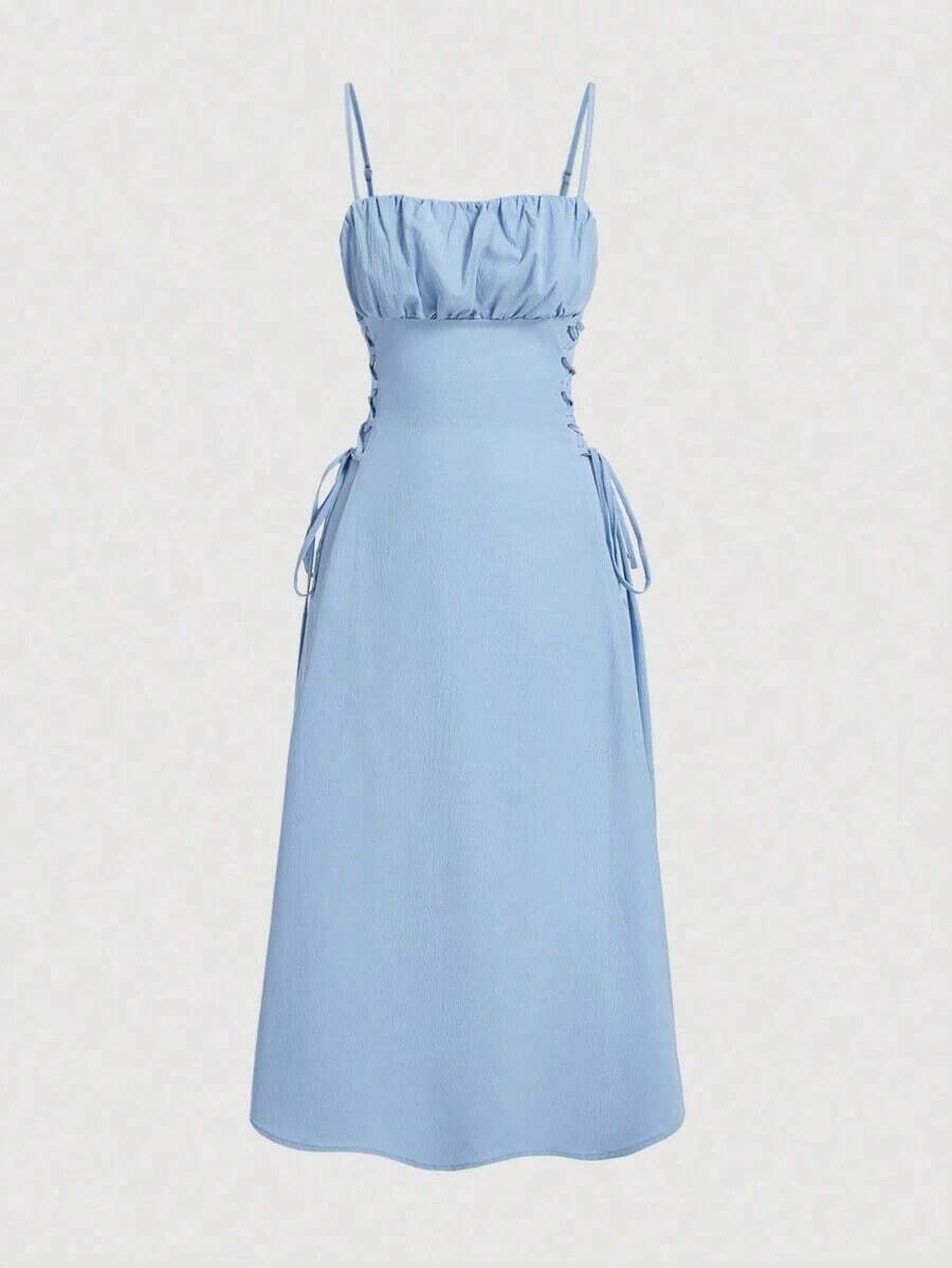 Solid Color Strappy Dress With Ruched Bodice And Side Drawstring - Baby Blue - View 1