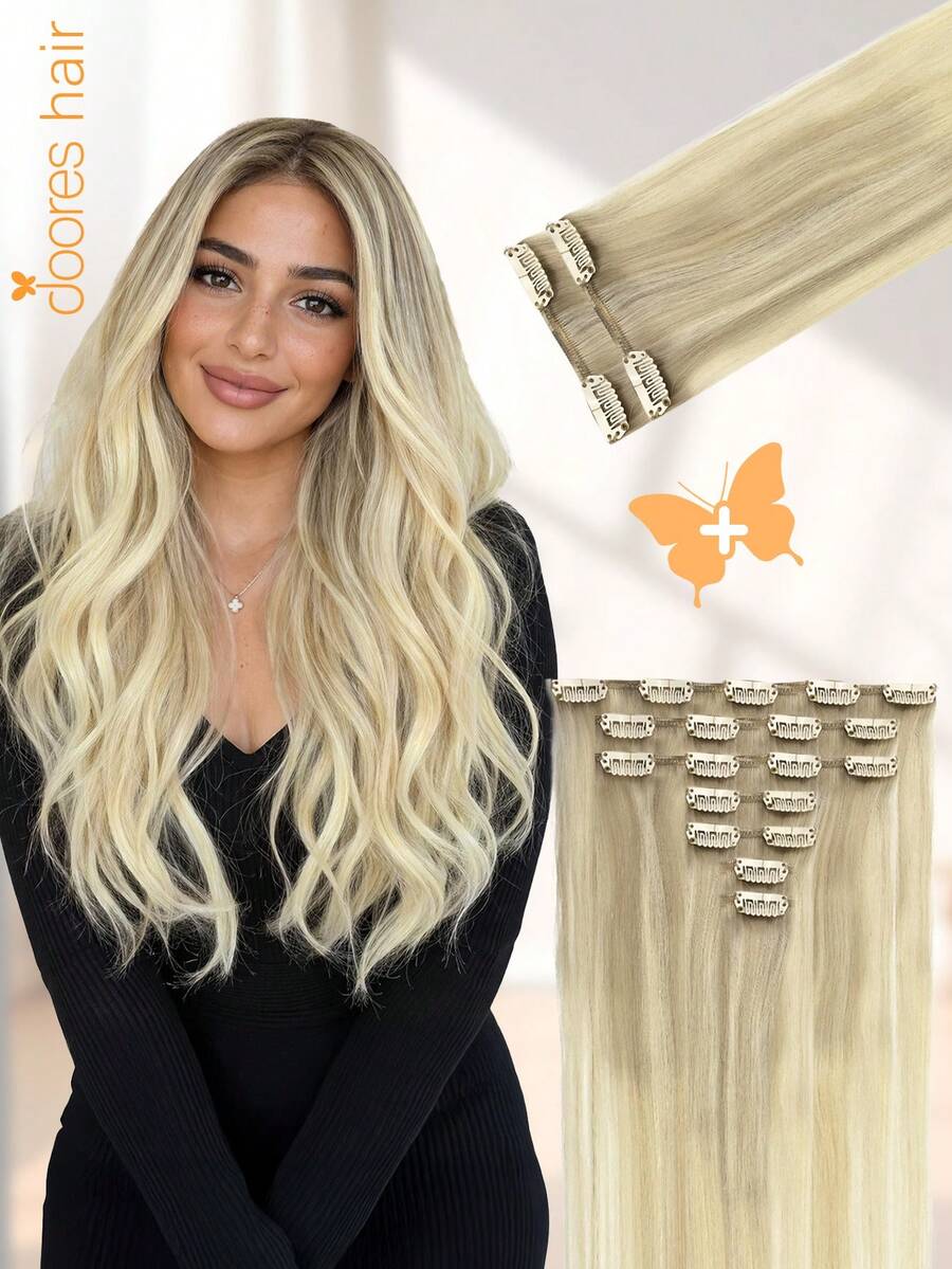 DOORES 9PCS Ekstensi Rambut Jepit Lurus Rambut Manusia Asli Alami Ekstensi Rambut Manusia Perawan Tenunan Ganda Jepit Tak Terlihat & Lembut Potongan Rambut Mini Untuk Rambut Tipis Untuk Wanita - S17/22/60 - View 1