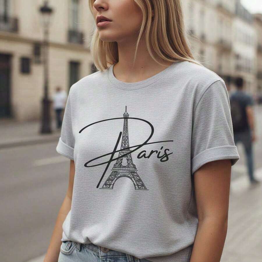 Camiseta de Algodón con Estampado de la Torre Eiffel de París para Mujer, Corte Holgado Casual, Manga Corta, Cuello Redondo, Tallas S-5XL, Camiseta Gráfica en Blanco y Negro para Vacaciones de Verano, Viajes y Uso Diario - Gris Claro - Ver 1