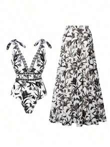 Swim Oasis Traje de baño de una pieza con cuello en V, estampado floral azul, diseño halter y espalda descubierta, con falda transparente.Atuendo de playa de verano de alta gama para mujer - Blanco y Negro - Ver 5